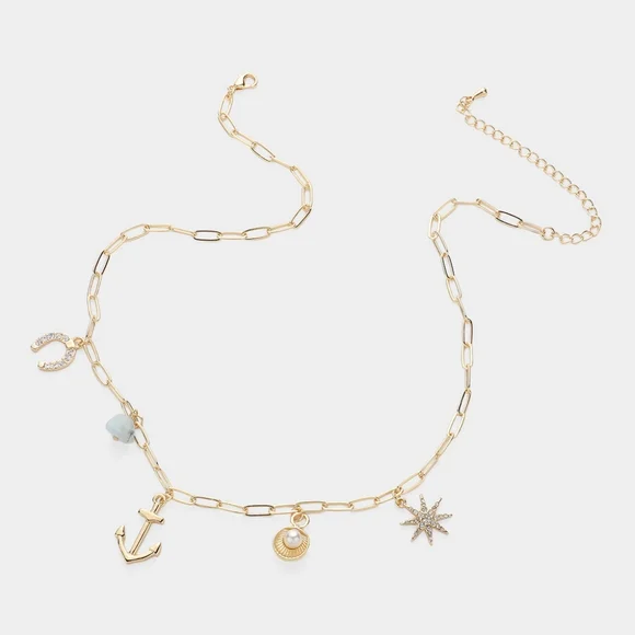 Gold Anchor Horseshoe Pendant Charm Necklace Statement Jewelry Paperclip Chain - Picture 2 of 2